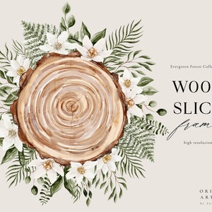 Cadre aquarelle en tranche de bois - Feuillage vert bois - Conception rustique préfabriquée - Fichiers PNG individuels - Couronne de mariage - Cadre personnalisé