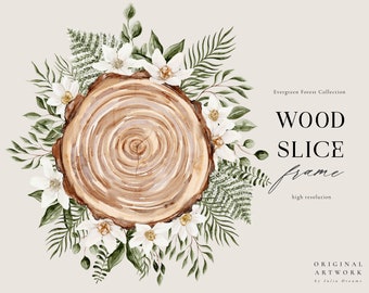 Wood Slice Watercolor Frame -  Woodland Green Foliage - Rustic Premade Design - Individual PNG Files - Wedding Wreath - Personalized Frame