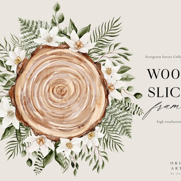 Wood Slice Watercolor Frame -  Woodland Green Foliage - Rustic Premade Design - Individual PNG Files - Wedding Wreath - Personalized Frame