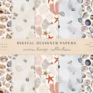 Digital Papers Ocean Breeze - Watercolor Seashells Stones -  Scrapbook Papers - Seamless Patterns - Digital Background - Printable Paper Set