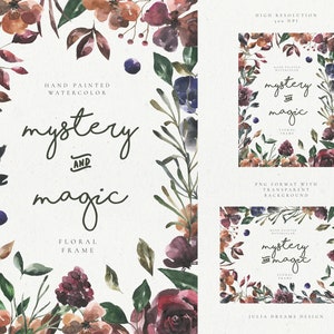 Aquarela Mistério e Moldura Floral Mágica - Clipart Digital - Arquivos PNG Individuais - Guirlanda de Casamento - Conjunto de Arte de Flor Rosa Borgonha