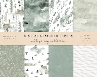 Wild Pinery Digital Paper - Scrapbook Papers - Seamless Patterns - Digital Background - Watercolor Paper Set - Forest Wedding Invitation