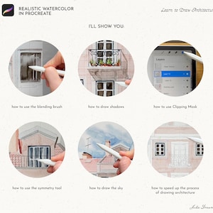 May include: A digital illustration tutorial showing how to draw a realistic watercolor building in Procreate. The tutorial includes steps on how to use the blending brush, draw shadows, use the symmetry tool, draw the sky, and speed up the process of drawing architecture using a clipping mask.