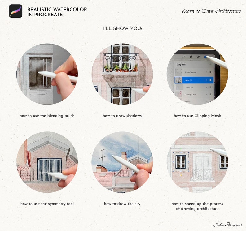 May include: A digital illustration tutorial showing how to draw a realistic watercolor building in Procreate. The tutorial includes steps on how to use the blending brush, draw shadows, use the symmetry tool, draw the sky, and speed up the process of drawing architecture using a clipping mask.