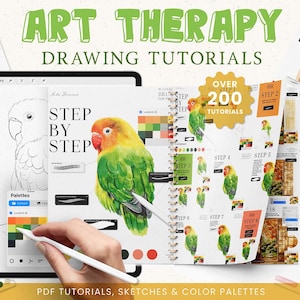 Może przedstawiać: Samouczek sztuki cyfrowej z tekstem "Art Therapy Drawing Tutorials". Obrazek przedstawia tablet z rysunkiem papugi i instrukcją krok po kroku. Dodatkowe ilustracje obejmują psa, but i kobietę.
