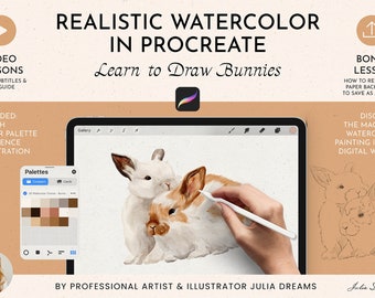 Aquarelle réaliste dans Procreate - Tutoriel Procreate Lapins aquarelles - Cours vidéo d&#39;aquarelle de dessin - Comment dessiner des pinceaux Procreate
