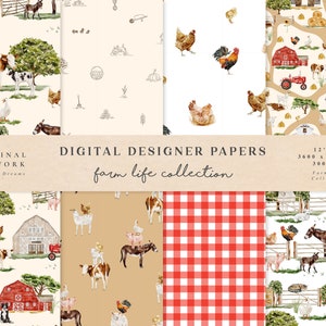 Papel Digital Aquarela Farm Life - Papéis de Scrapbook - Padrões Sem Costura - Fundo Digital - Berçário de Bebê - Celeiro de Vaca de Animais em Aquarela
