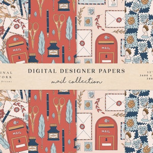 Mail Digitale Papier Set - Scrapbook Papier - Naadloze Patronen - Digitale Achtergrond - Afdrukbare Papier Set - Letter Inkt Pen Stempel Floral Post
