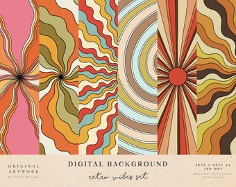 May include: A set of four digital backgrounds featuring retro-inspired wavy lines in various colors, including orange, yellow, green, blue, and red. The backgrounds are perfect for adding a vintage touch to your designs.