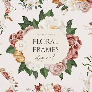 Aquarel Nocturnal Floral Frames Set - Digital Clipart - Individuele PNG-bestanden - Bruiloft Krans - Gepersonaliseerd frame - Logo - Rose Peony
