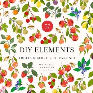 Fruit en bessen Clipart Set - Orchard Flower Clip Art - Vector Bloem Illustratie - Individuele PNG - Logo Print Aardbei Citroen Perzik