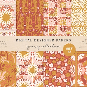 May include: A collection of digital designer papers with a groovy theme. The papers feature various patterns, including suns, flowers, palm trees, and cheetahs, in shades of orange, pink, and gold. The set includes 12"x12" papers at 300 DPI.