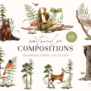 Enchanted Forest Watercolor Compositions - Logo Clipart - Woodland Clipart - Wedding invite - Digital Clipart PNG - Bear Deer - Baby Nursery