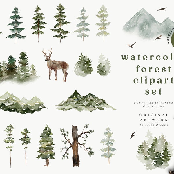 Watercolor Forest Digital Clipart Set - Forest Equilibrium - Wedding Invitation - Floral Elements - Watercolor Trees - Logo Deer Mountain