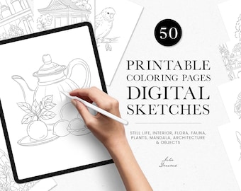 May include: A set of 50 printable coloring pages featuring digital sketches of various subjects, including still life, interior design, flora, fauna, plants, mandalas, architecture, and objects. The image shows a hand drawing a teapot and fruit on a tablet.