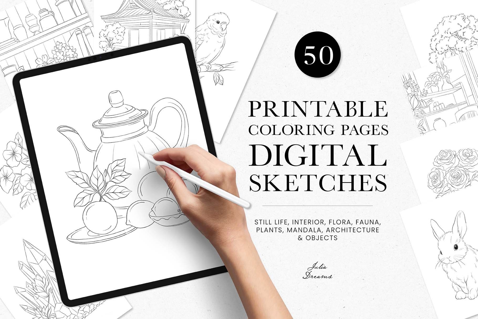 Pack de páginas para colorear imprimibles – 50 bocetos digitales PNG – Pinceles de boceto para Procreate – Descarga instantánea Mandalas, Flores, Animales, Interiores