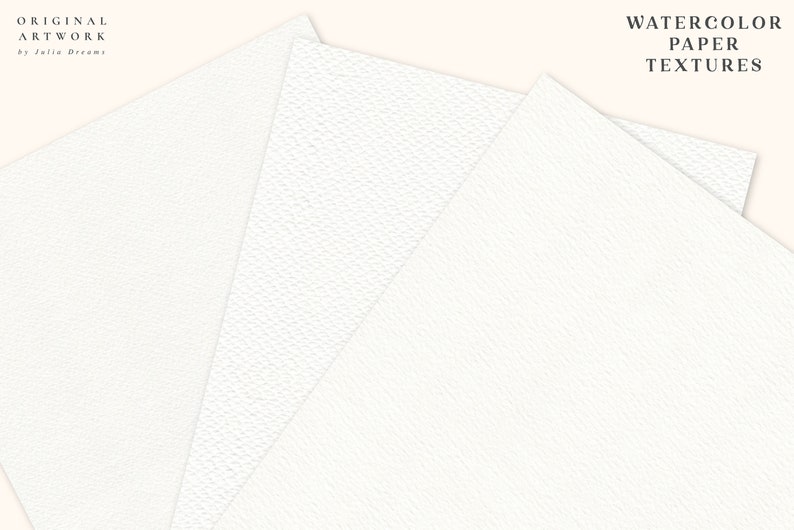 Peut inclure: Trois feuilles de papier aquarelle blanc avec une surface textur&eacute;e. Le papier est pli&eacute; en &eacute;ventail. Le texte "WATERCOLOR PAPER TEXTURES" est imprim&eacute; en noir en haut de l'image.