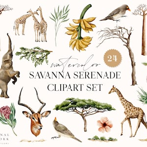 Aquarelle Safari Digital Clipart Set - Savanna Serenade - Faire-part de mariage - Éléments floraux - Logo aquarelle - Animaux Girafe Banane