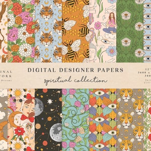 Spirituelle Digitale Papiere - Kommerzielle Nutzung - Scrapbook Papier - Nahtloses Muster - Orakel Designer Papier - Hintergrund - Planer Zubehör