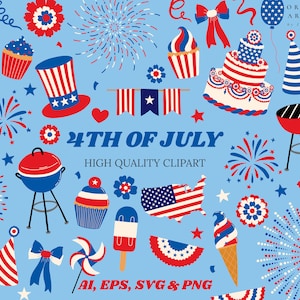 4 juillet Clipart Svg Bundle - Clipart fête de l'indépendance - Téléchargement instantané - Cartes d'invitation Wall Art - Patriotique - Quatrième de juillet Svg
