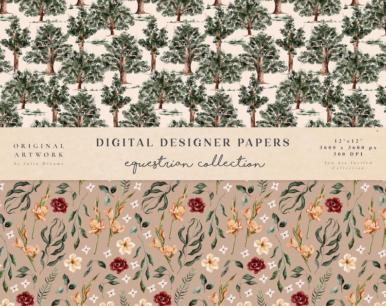 May include: Two digital paper designs. The top design features a repeating pattern of watercolor green trees on a cream background. The bottom design features a repeating pattern of watercolor flowers and leaves on a light brown background. The text "DIGITAL DESIGNER PAPERS equestrian collection" is displayed on a brown banner.