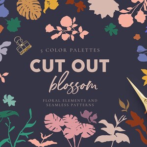 Könnte beinhalten: Ausgeschnittene florale Elemente und nahtlose Muster in verschiedenen Farben, darunter Rosa, Blau, Grün, Gelb und Braun. Der Text "5 COLOR PALETTES CUT OUT blossom FLORAL ELEMENTS AND SEAMLESS PATTERNS" wird auf einem dunkelblauen Hintergrund angezeigt.