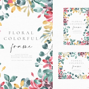 Moldura floral aquarela colorida - Clipart digital - PNG individual - Coroa de casamento - Marca de logotipo - Convite personalizado - Geométrico
