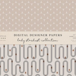 Puede incluir: Un patr&oacute;n de papel digital con un dise&ntilde;o geom&eacute;trico repetitivo de formas de gotas marrones y l&iacute;neas curvas grises sobre un fondo beige claro. El texto "lady stardust collection" se muestra en una pancarta blanca.