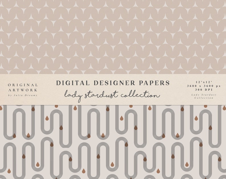 Puede incluir: Un patr&oacute;n de papel digital con un dise&ntilde;o geom&eacute;trico repetitivo de formas de gotas marrones y l&iacute;neas curvas grises sobre un fondo beige claro. El texto "lady stardust collection" se muestra en una pancarta blanca.