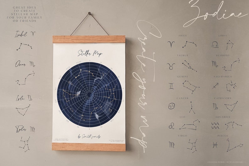 May include: A wooden-framed star map print with a dark blue celestial design. The print includes constellations, zodiac symbols, and the text "Stellar Map". The words "Create your map" are written on the right side. The text "Great idea to create stellar map for your family or friends" is also visible.