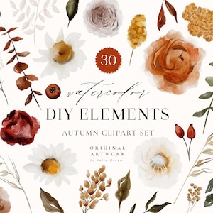 Herbst Aquarell Blumen Digital Clipart - individuelle PNG Dateien - Hochzeit - Floral Elemente - DIY Blumen - Aquarell Wildblumen Blätter