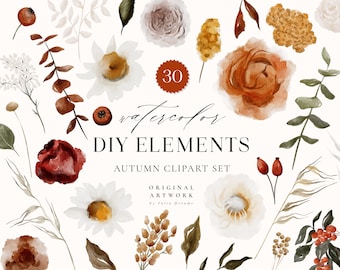 Autumn Watercolor Flowers Digital Clipart - Individual PNG Files - Wedding - Floral Elements - DIY Flowers - Watercolor Wildflowers Leaves