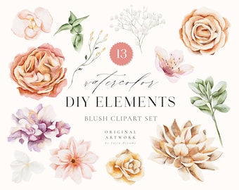 Blush Watercolor Clipart Set - Spring Flowers - Floral DIY - Modern Wedding Invitation Card Design - Digital PNG Clipart Leaf Art Peony