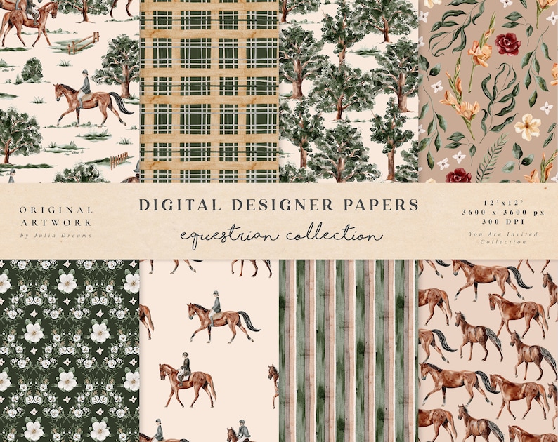 May include: A set of 10 digital papers featuring equestrian themes. The papers include floral patterns, plaid patterns, and images of horses and riders. The papers are 12 inches by 12 inches and 300 DPI.
