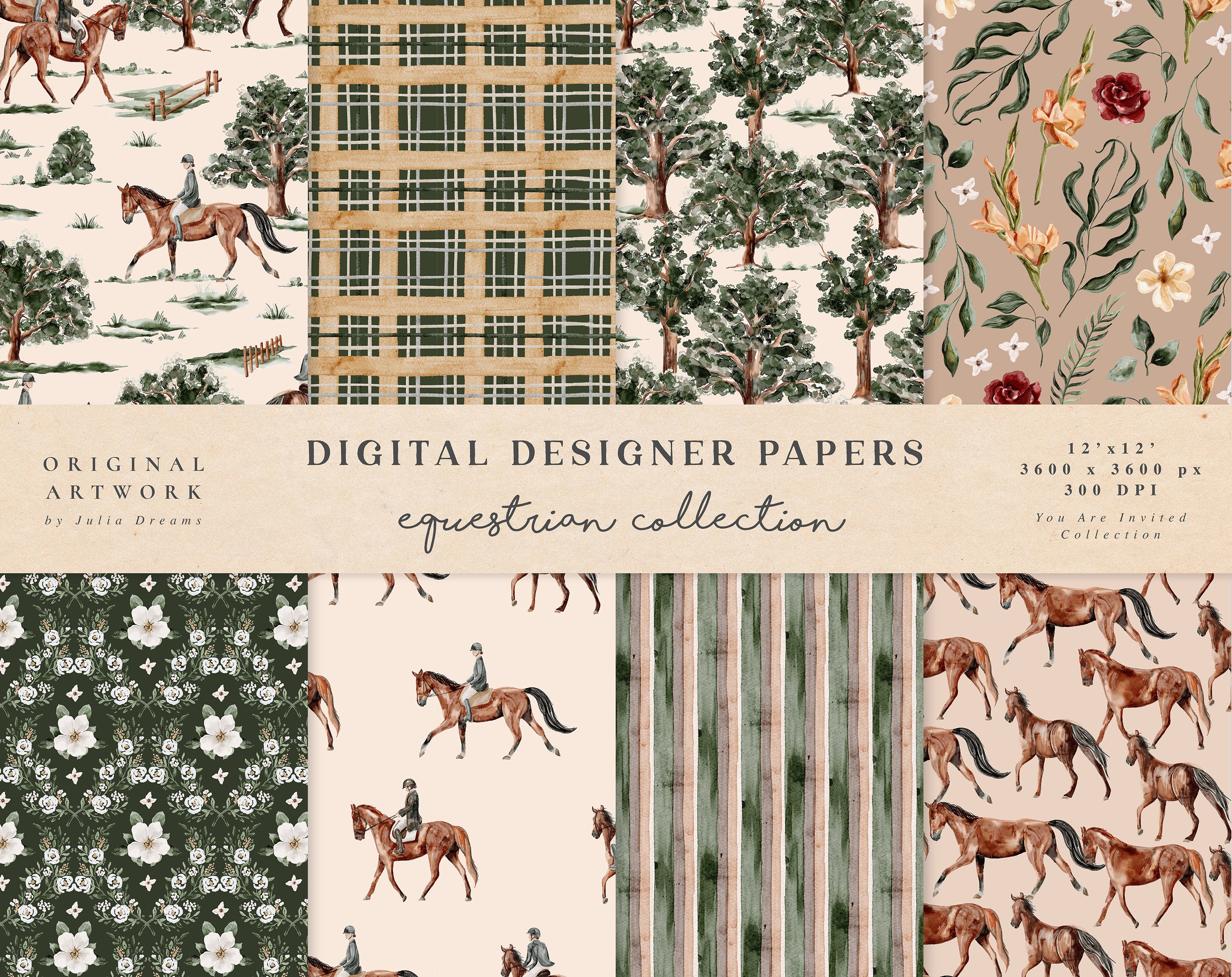 Equestrian Digital Papers Scrapbook Papers Seamless Patterns
