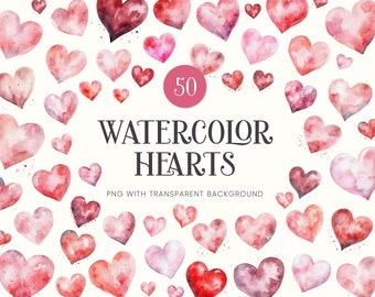 Clipart de corazones de acuarela - Día de San Valentín - Descarga instantánea - PNG - Clipart de amor de acuarela - Clip Art de boda - Corazón rojo rosa