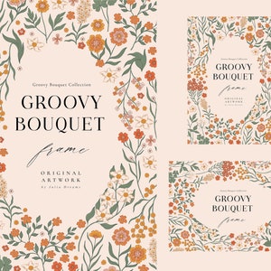 Groovy Bouquet Floral Frame 2 - Digital Clipart - Individual PNG - Corona de boda - Logotipo de marca - Invitación personalizada - 70s Wildflowers