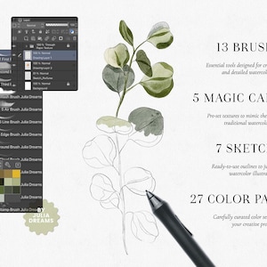 May include: A set of 13 watercolor brushes for Clip Studio Paint, featuring a green and white eucalyptus leaf illustration. The brush set includes 5 magic canvases, 7 sketches, and 27 color palettes.