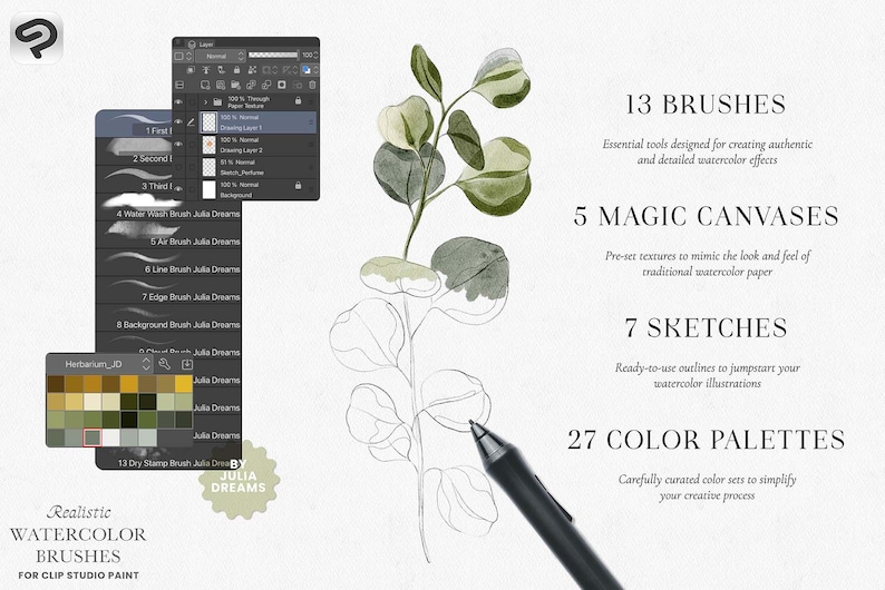 May include: A set of 13 watercolor brushes for Clip Studio Paint, featuring a green and white eucalyptus leaf illustration. The brush set includes 5 magic canvases, 7 sketches, and 27 color palettes.