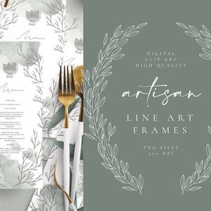 Line Art Artisan Frames - Fine Art Wreaths Clip Art - Floral Pencil Sketches - Flower Wedding Invitation - Individual PNG - Rustic Branch