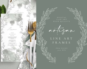 Line Art Artisan Frames - Fine Art Wreaths Clip Art - Floral Pencil Sketches - Flower Wedding Invitation - Individual PNG - Rustic Branch