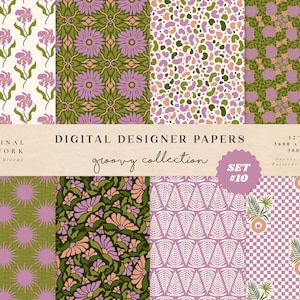 Happy Flowers Digital Papers - Uso commerciale - Scrapbook Paper - Seamless Pattern - Designer Paper - Retro Happy Face 70s Flower Checkered