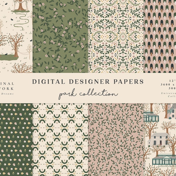 Park Digital Paper Set - Scrapbook Paper - Seamless Patterns - Digital Background - Printable Paper Set - Tree House - Flower Floral Clipart