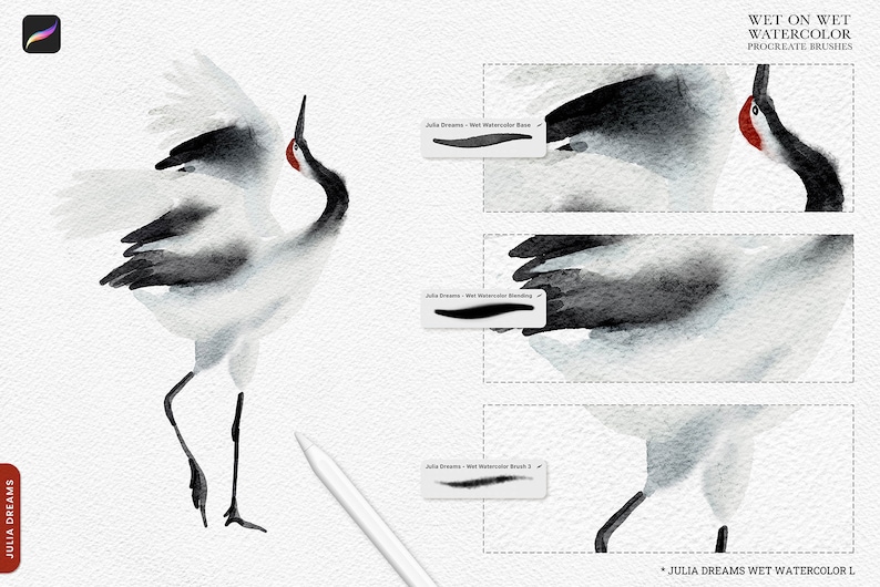 May include: A digital illustration of a crane painted in a watercolor style. The crane is in a white and gray color scheme with black accents. The illustration is labeled "Julia Dreams Wet Watercolor L" and "Wet on Wet Watercolor Procreate Brushes".