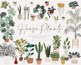 House Plants Clipart - Gardening Download - PNG Vector Download - Snake Plant Monstera - Vases Cactus - Greenery Print - Planner Stickers