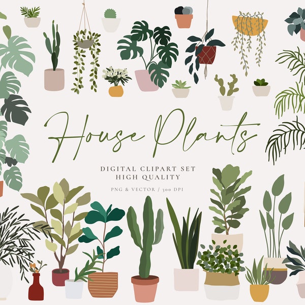 House Plants Clipart - Gardening Download - PNG Vector Download - Snake Plant Monstera - Vases Cactus - Greenery Print - Planner Stickers