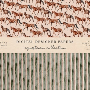 May include: Digital paper design featuring a repeating pattern of brown horses walking on a light pink background. The paper is 12 inches by 12 inches and has a resolution of 3600 pixels by 3600 pixels at 300 DPI. The text "ORIGINAL ARTWORK by Julia Dreams" and "DIGITAL DESIGNER PAPERS equestrian collection" is included in the image.