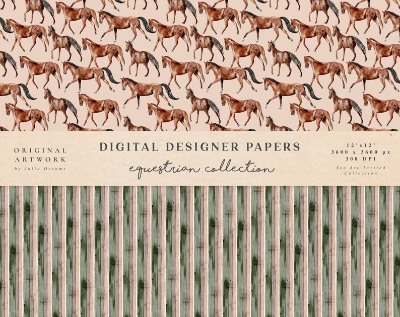 May include: Digital paper design featuring a repeating pattern of brown horses walking on a light pink background. The paper is 12 inches by 12 inches and has a resolution of 3600 pixels by 3600 pixels at 300 DPI. The text "ORIGINAL ARTWORK by Julia Dreams" and "DIGITAL DESIGNER PAPERS equestrian collection" is included in the image.