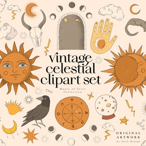 Conjunto de clipart celestial vintage - clipart de planejador - tarô - gráficos PNG - arte mística - sol lua nuvens - fase da lua - ilustrações
