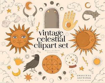 Vintage Hemels Clipart Set - Planner Clipart - Tarot - PNG Graphics - Mystieke Kunstwerk - Zon Maan Wolken - MaanFase - Illustraties